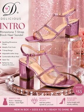 Delicious 'INTRO' Pink Rhinestone T-Strap Block Heel Sandals – New in Box